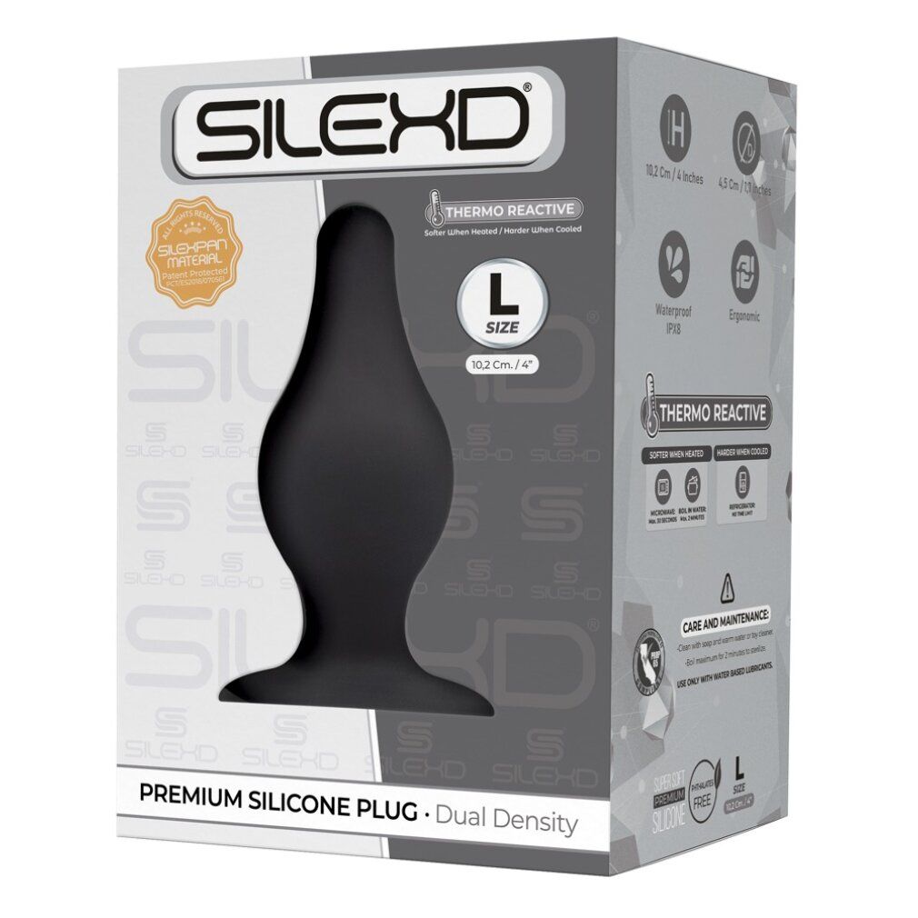 Verpackung mit schwarzem Silikon-Plug. Marke SILEXD, Größe L. Produktname: Premium Silicone Plug.