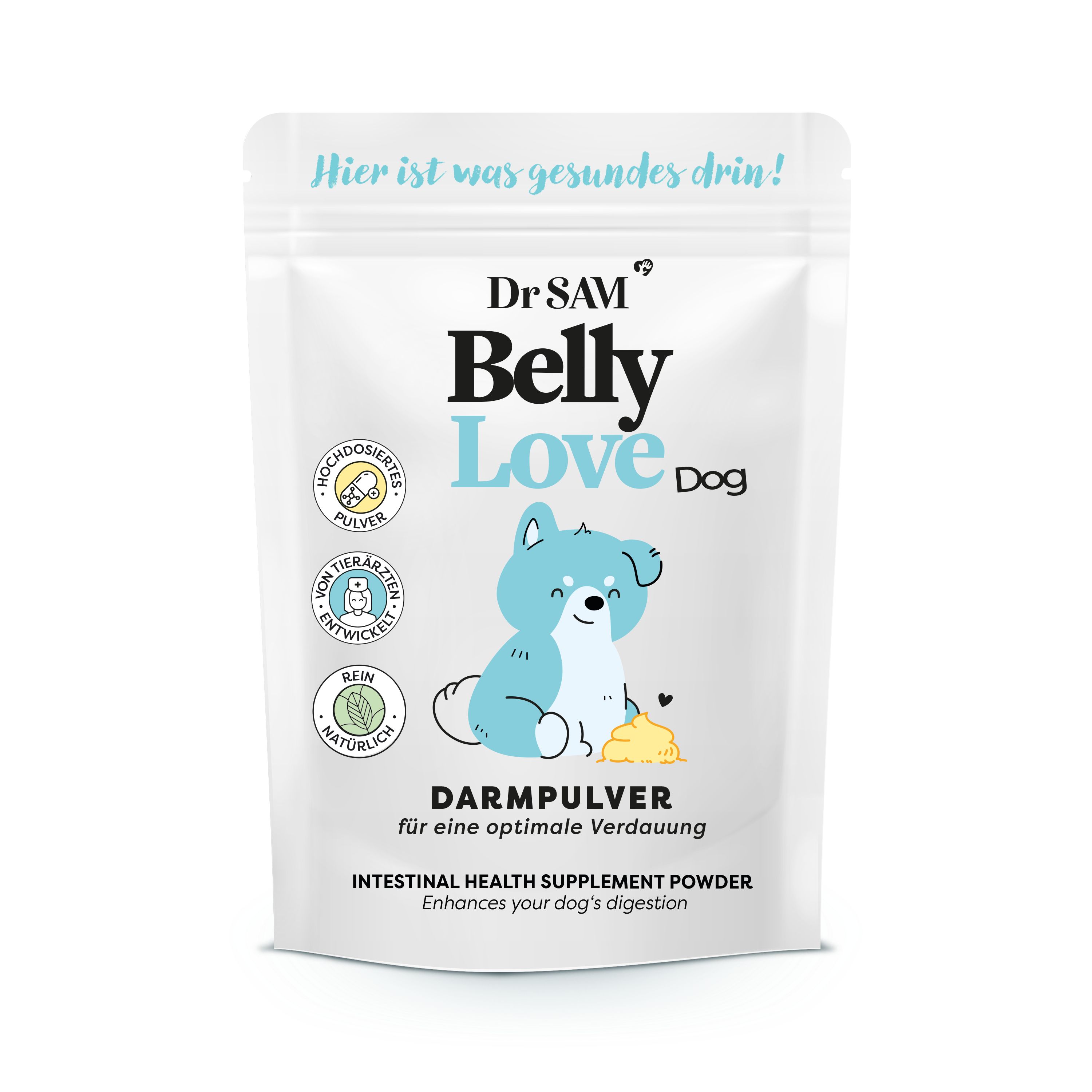 Beutel mit "Dr. SAM BellyLove Dog" Darmpulver. Hellblauer Hintergrund mit Hund-Illustration. Text: "Darmpulver für eine optimale Verdauung".