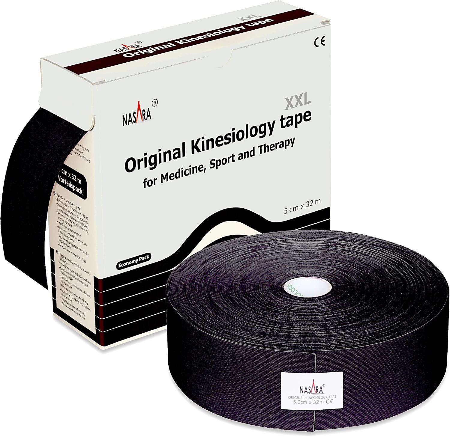 Schwarzes Kinesiologie-Tape, Rolle und Verpackung. Aufschrift: NASARA, Original Kinesiologie Tape, 5 cm x 32 m. CE-Zeichen.