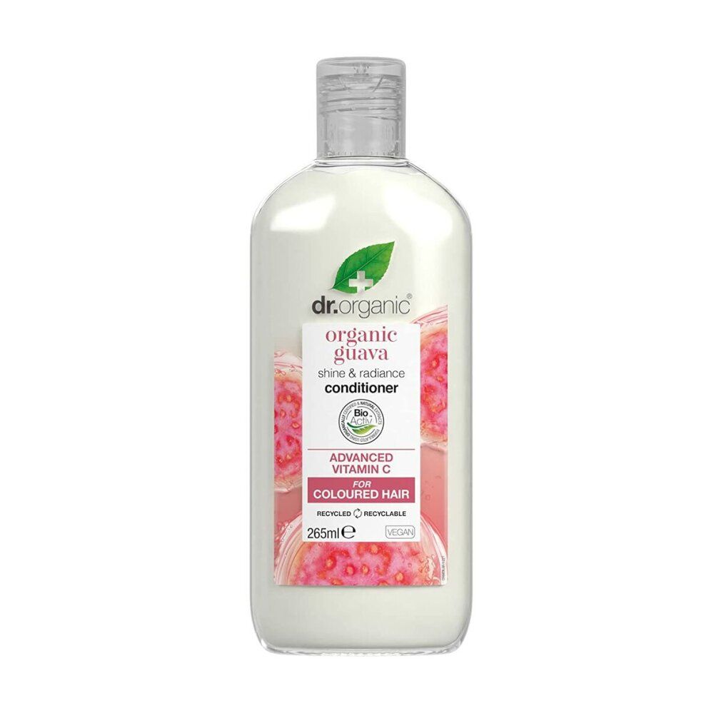Flasche Dr. Organic Guava Conditioner für coloriertes Haar. Mit Vitamin C. Recycelbar. Vegan.