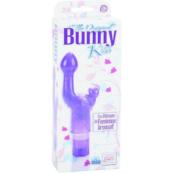 Lila Vibrator mit flexiblem Kopf in Verpackung. Aufschrift "Bunny Kiss". Wasserfest.