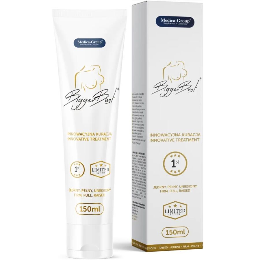 Medica Group Brust-Serum: Weiße Tube und Kartonverpackung mit Brust-Symbol und "Bigger Bust" Schriftzug. 150ml.