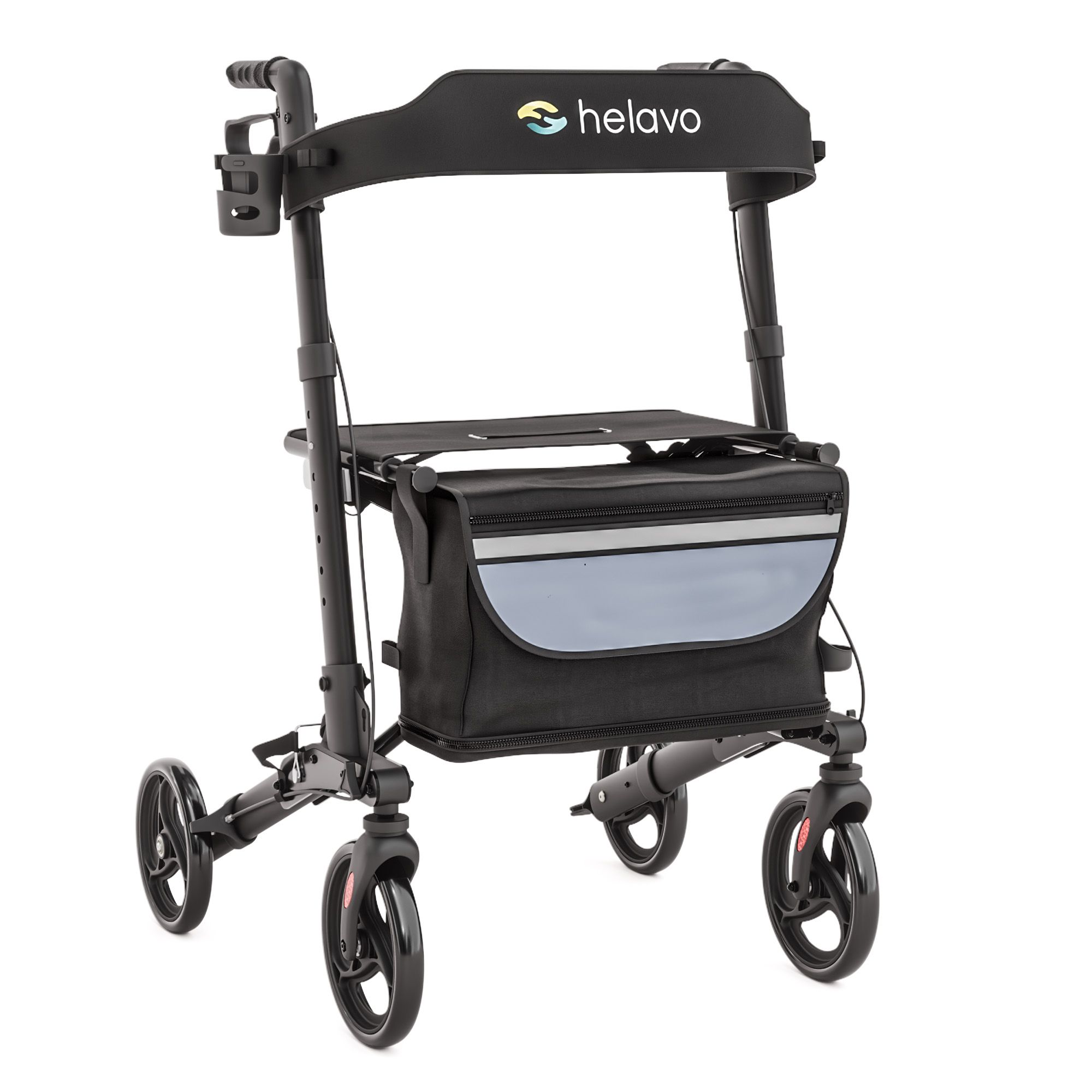 Schwarzer Aluminium-Rollator mit Sitzfläche, Tasche und Getränkehalter. Leicht und faltbar.