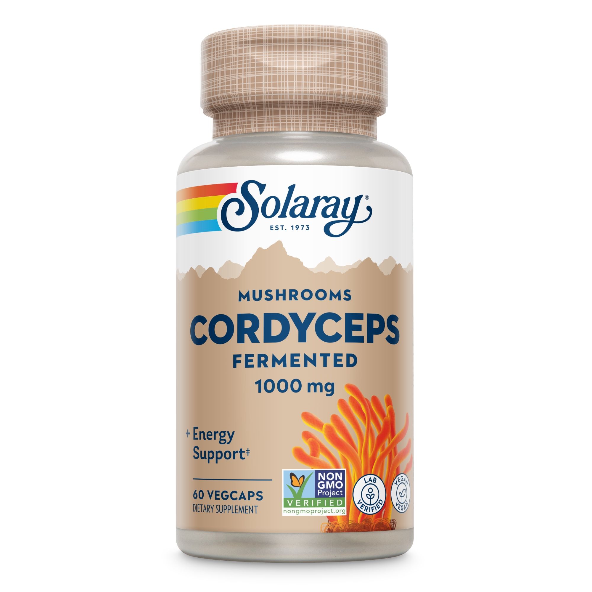 Solaray Cordyceps fermentiert. Braune Kapsel-Dose mit gelbem Etikett. 60 Vegicaps, 1000 mg.