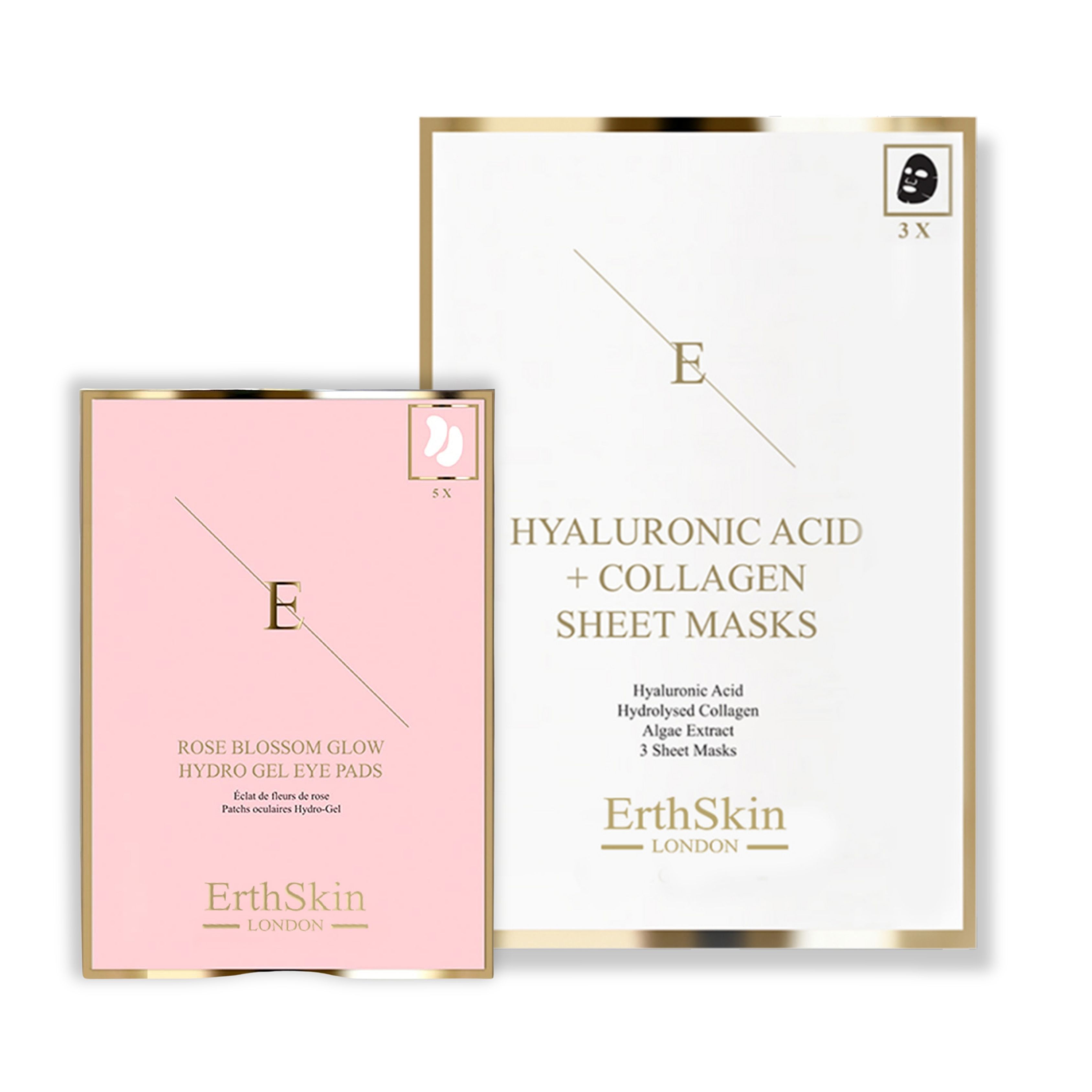 Zwei ErthSkin-Verpackungen. Eine rosa Augenpad-Box und eine weiße Maskenbox mit Goldrahmen. Text: Hyaluronsäure + Kollagen, ErthSkin London.