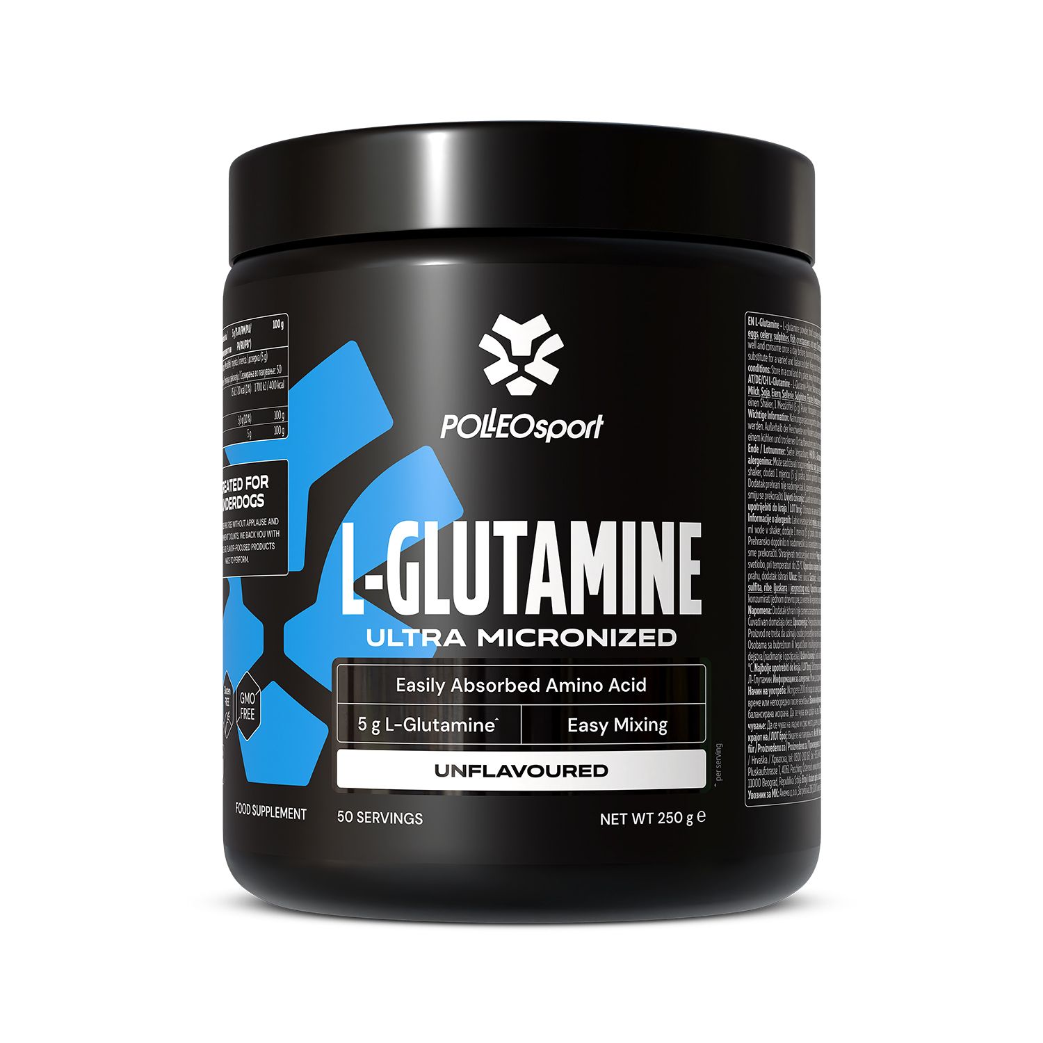 Schwarzer Behälter mit L-Glutamin Pulver, ultra mikronisiert, 250g.