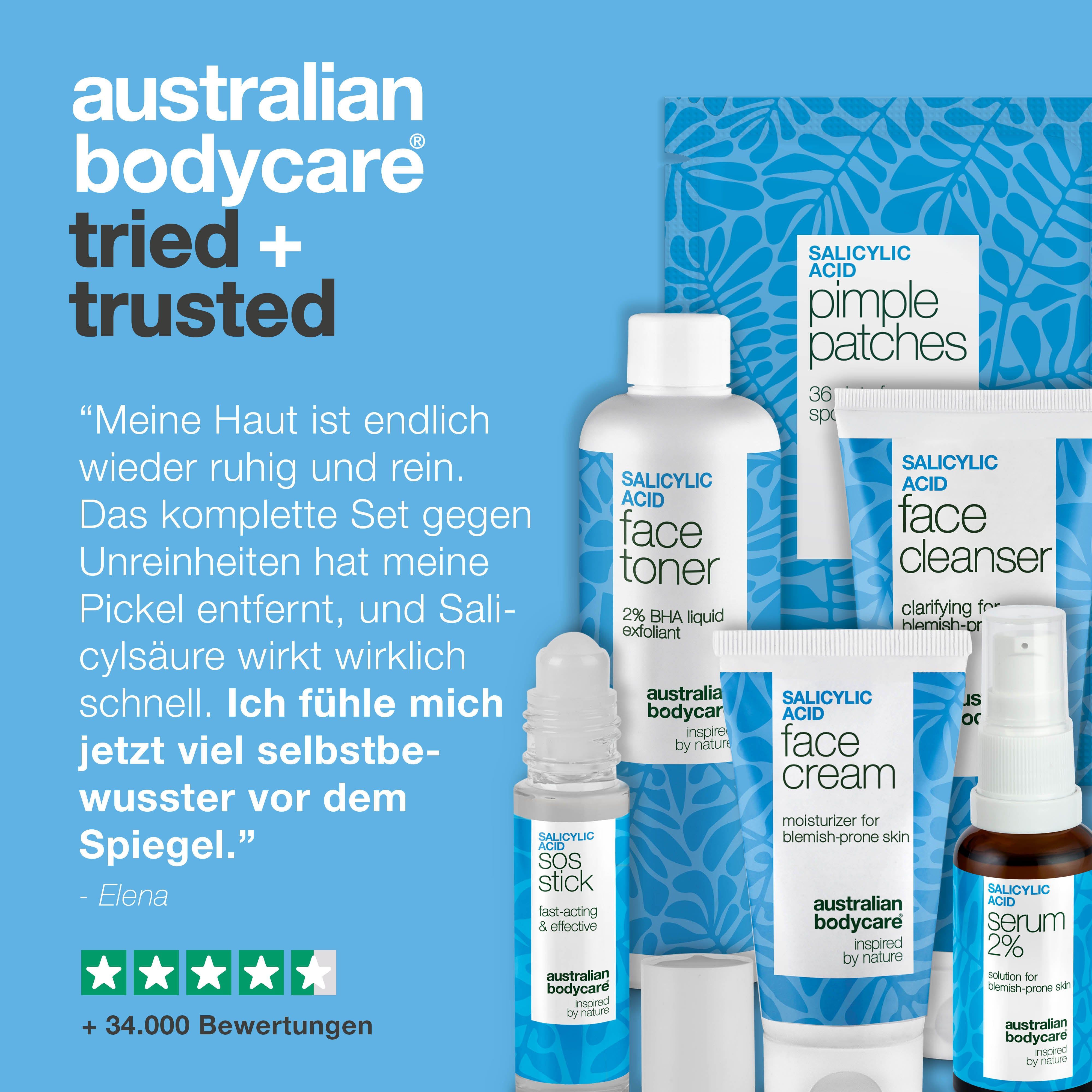 Mehrere Produkte. Text: 'Australian Bodycare tried + trusted'. Zitat von Elena.