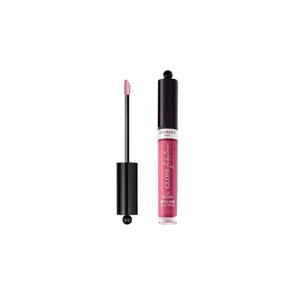 Lipgloss-Applikator neben einer Tube. Schwarzer Applikator, transparente Tube mit schwarzem Deckel. Aufschrift: Gloss Fabuleux. Farbe: 08 Berry Talented.