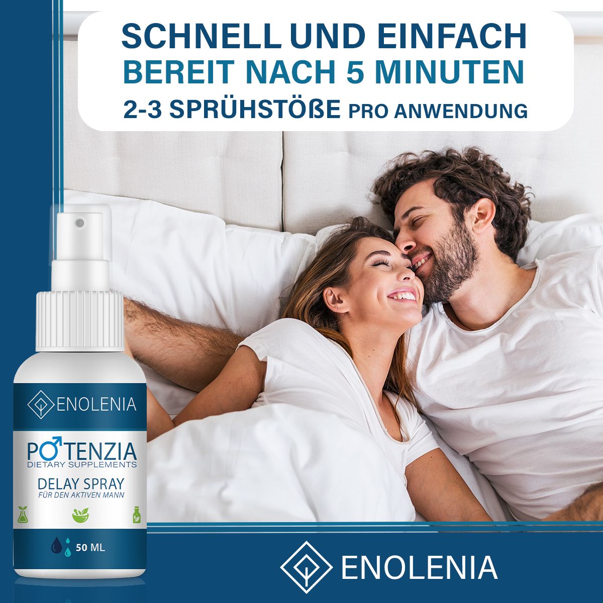 Produkt mit Paar im Bett. Text: Schnell und einfach, bereit nach 5 Minuten, 2-3 Sprühstöße pro Anwendung.