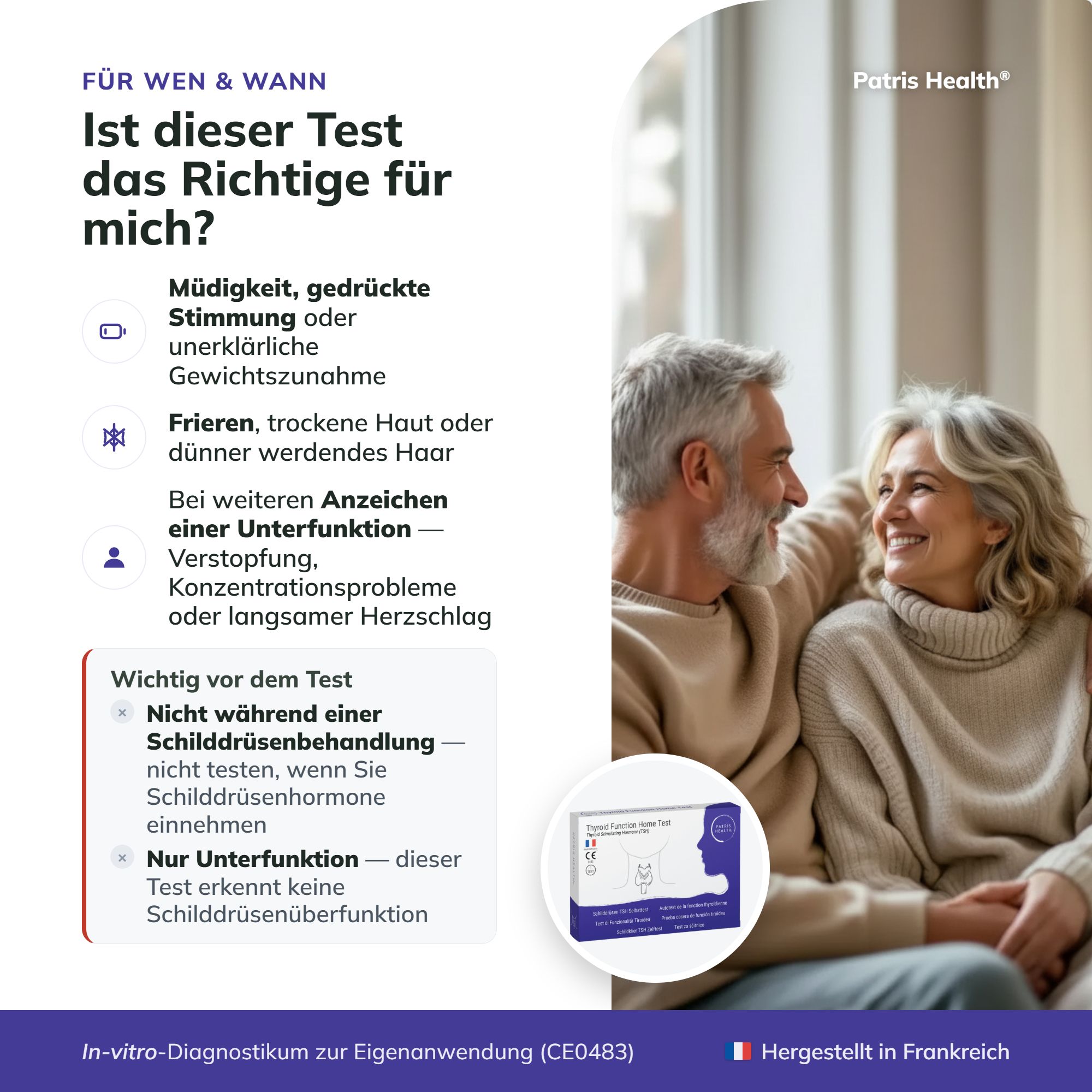 Älteres Paar lächelt, neben einer Packung des Schilddrüsen-TSH-Selbsttests.