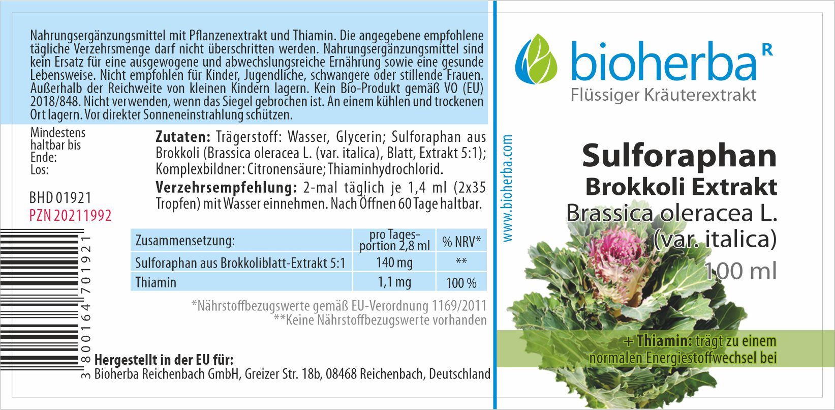 Etikett mit Produktinformationen und Nährwertangaben. Marke Bioherba und Produktname Sulforaphan Brokkoli Extrakt.