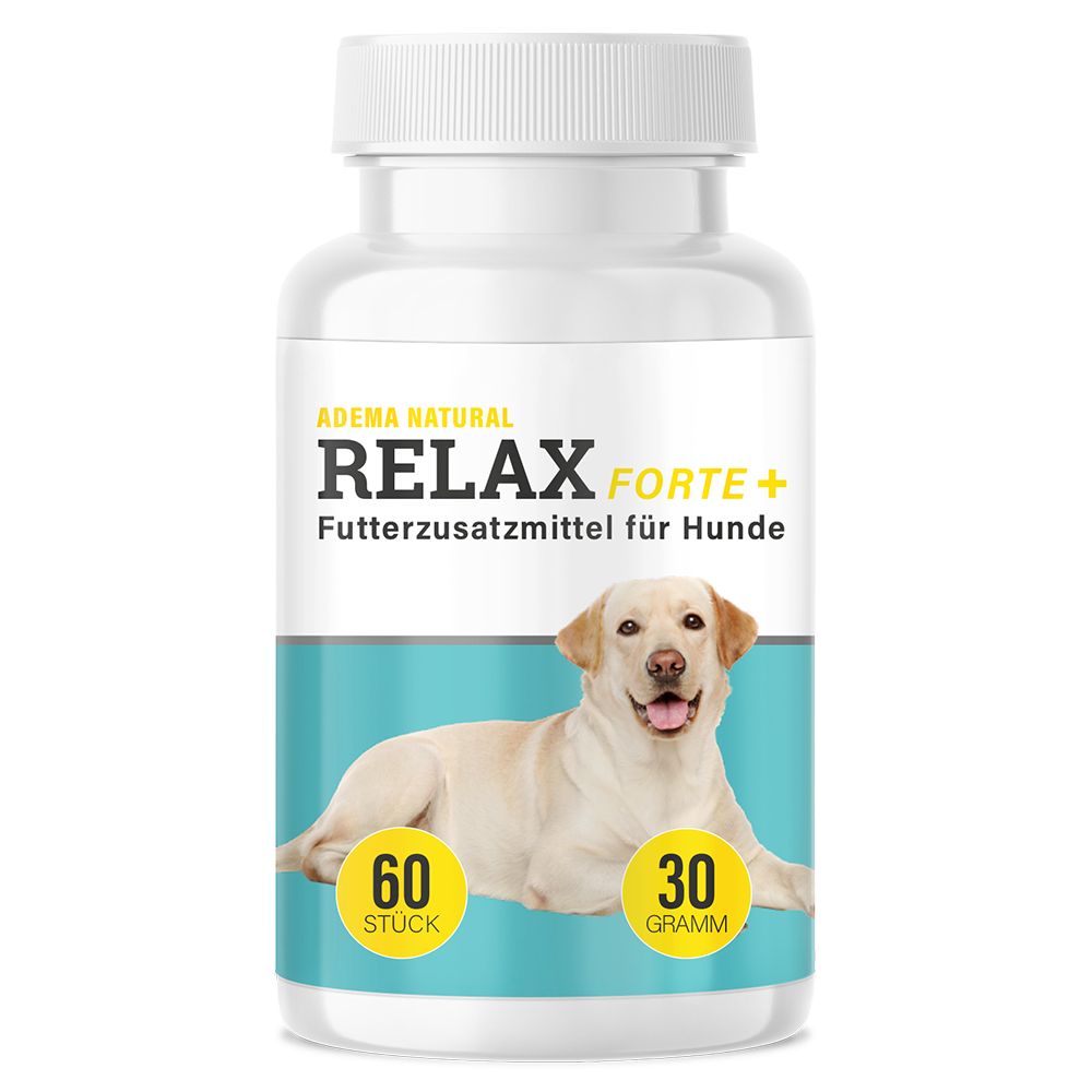Weiße Flasche mit Tabletten. Text: Adema Natural Relax Forte+, 60 Stück, 30 Gramm. Hund.