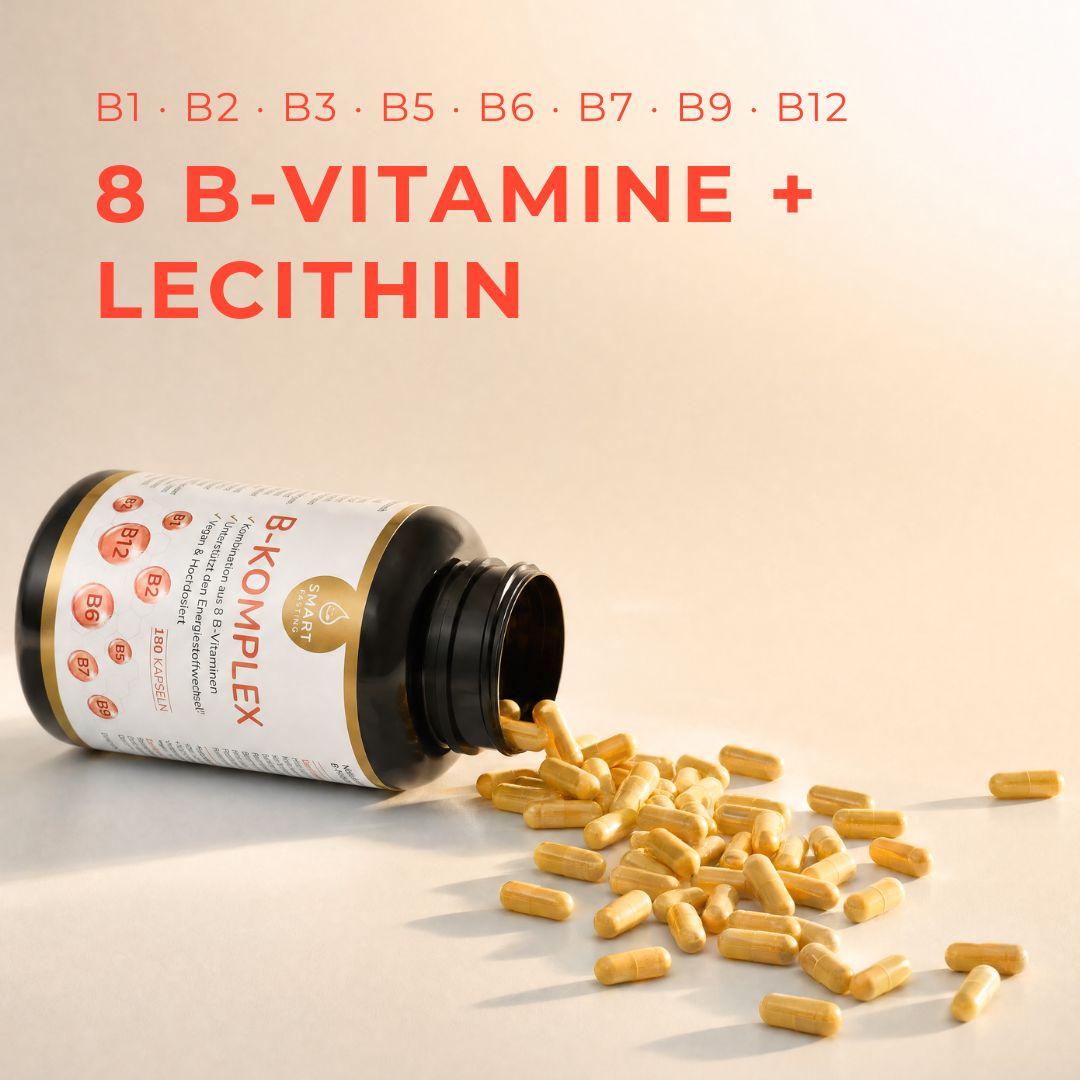 Smart Fasting B-Komplex Flasche liegt umgekippt, Kapseln sind herausgefallen.