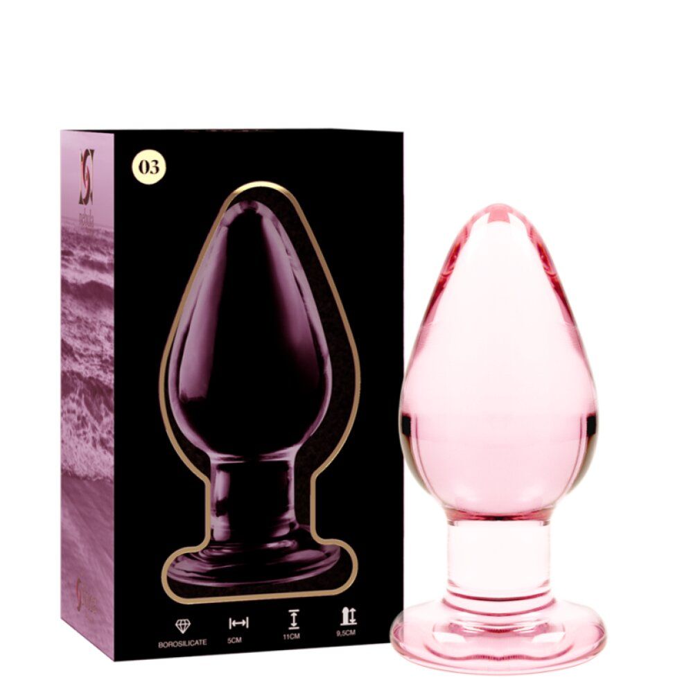 Rosa Glas-Analplug mit breiter Basis, 11 cm lang, 5 cm breit.