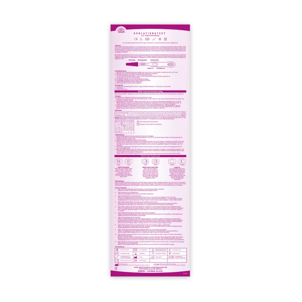 Rückseite der Sunlife Ovulationstest-Verpackung. Text mit Gebrauchsanweisung, Warnhinweisen und Produktinformationen.