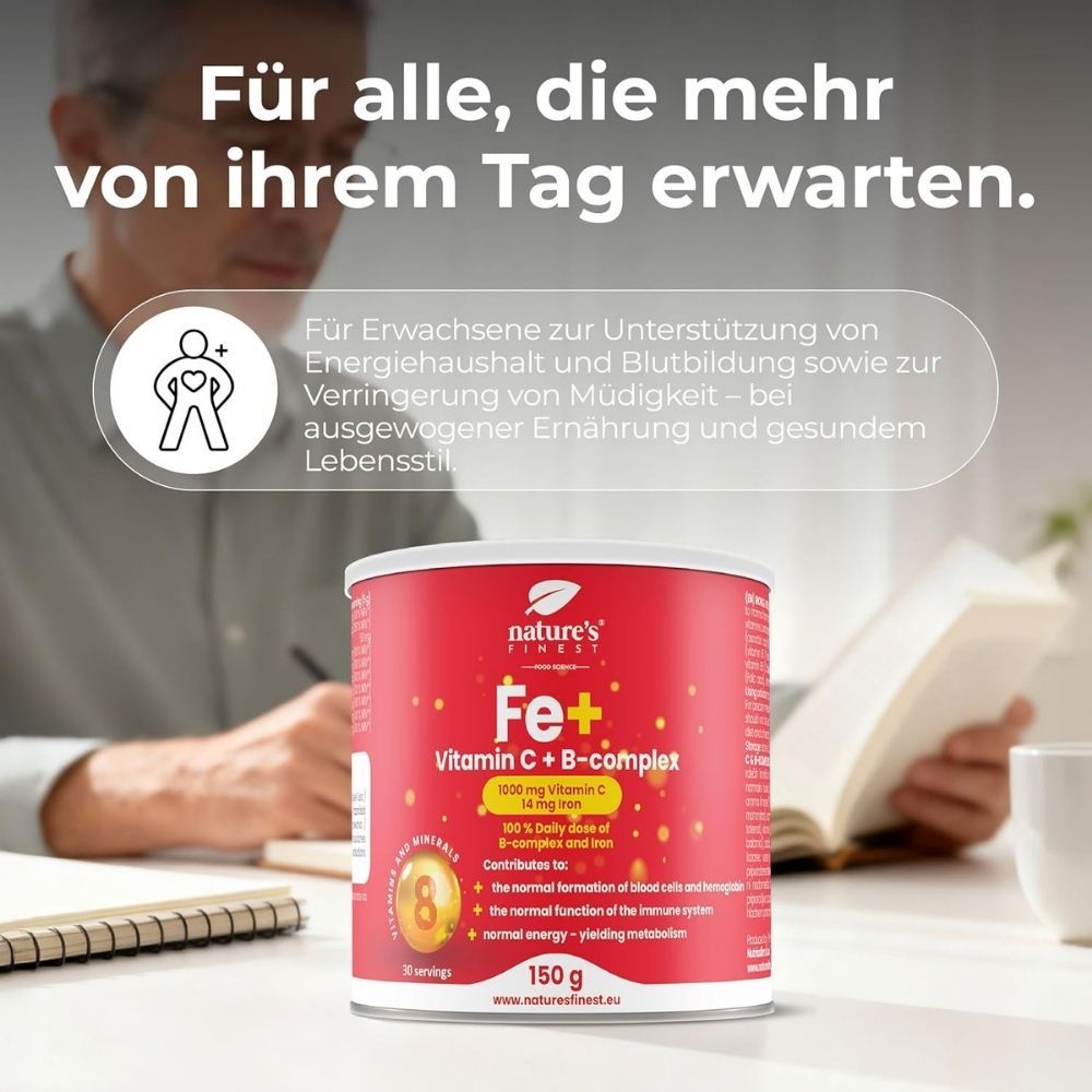 Nature's Finest Dose mit Eisen, Vitamin C, B-Komplex. Für Erwachsene zur Unterstützung des Energiestoffwechsels.