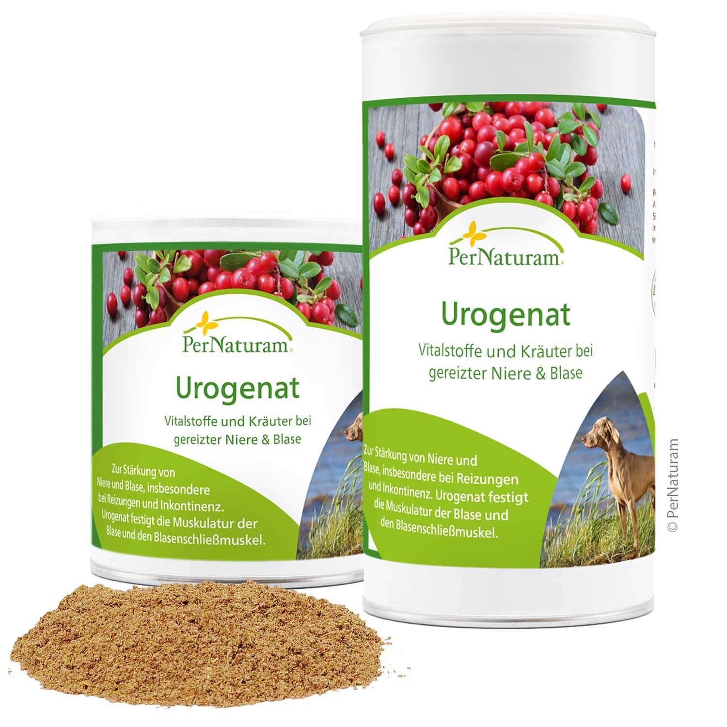 Zwei Dosen PerNaturam Urogenat, eine geöffnete Dose mit Pulver. Aufschrift: Vitalstoffe und Kräuter bei gereizter Niere & Blase.