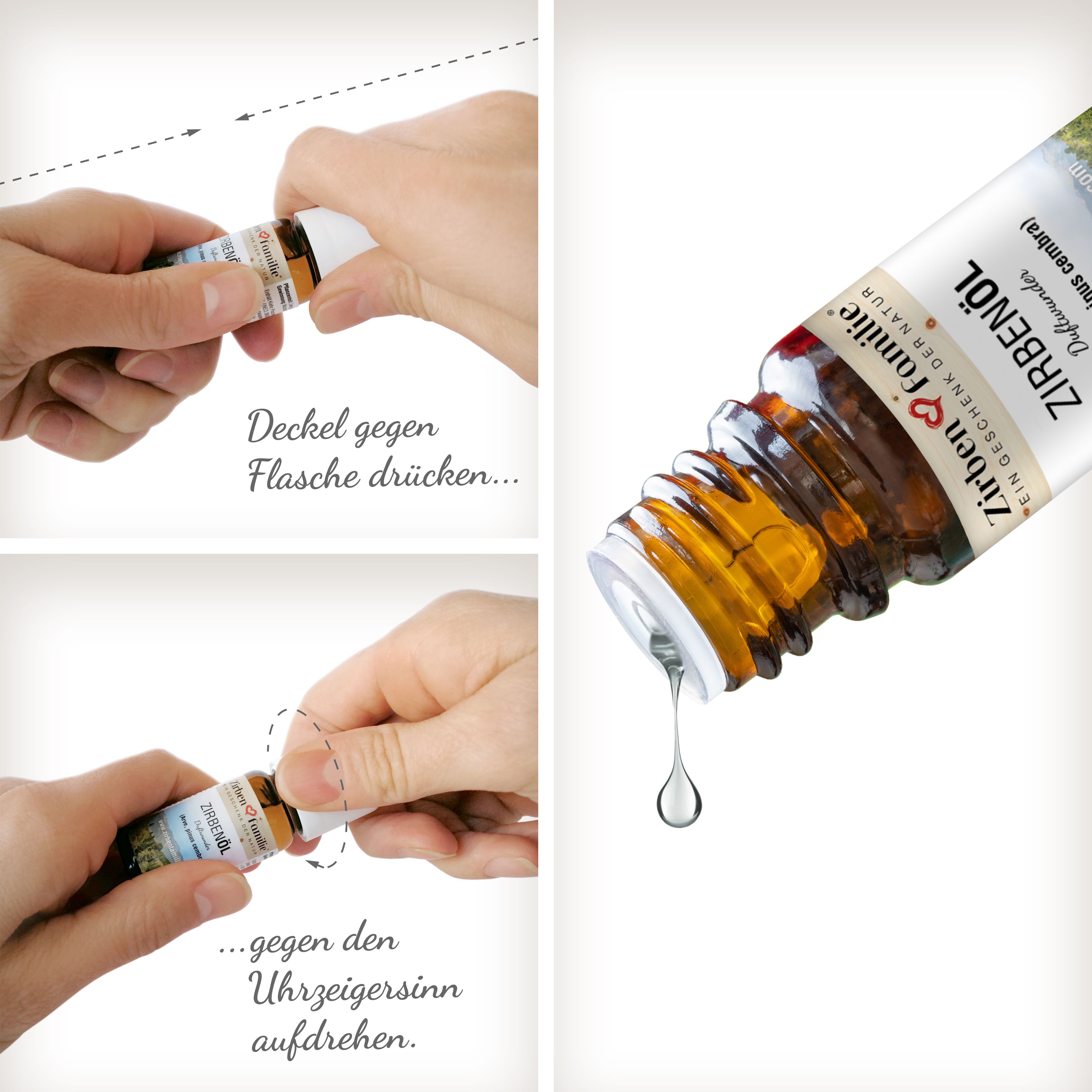 Hände öffnen eine braune Glasflasche mit weißem Deckel. Tropfen Öl wird aus der Flasche gegossen. Text: 'Deckel gegen Flasche drücken...'