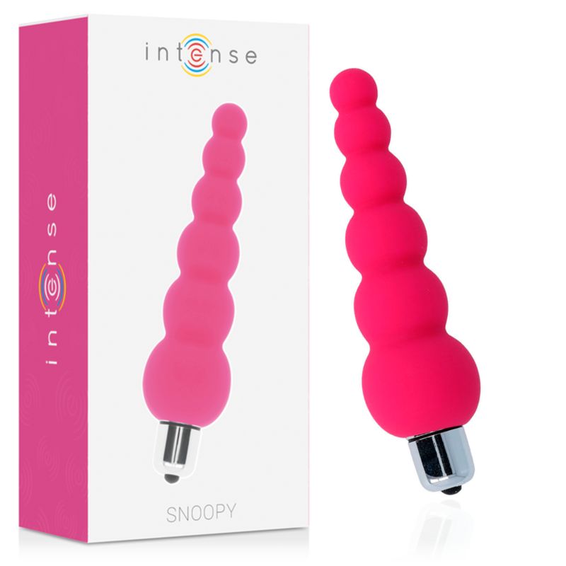 Intense Snoopy Produkt und Verpackung. Rosa Vibrator neben weißer Box mit Logo und Produktnamen.