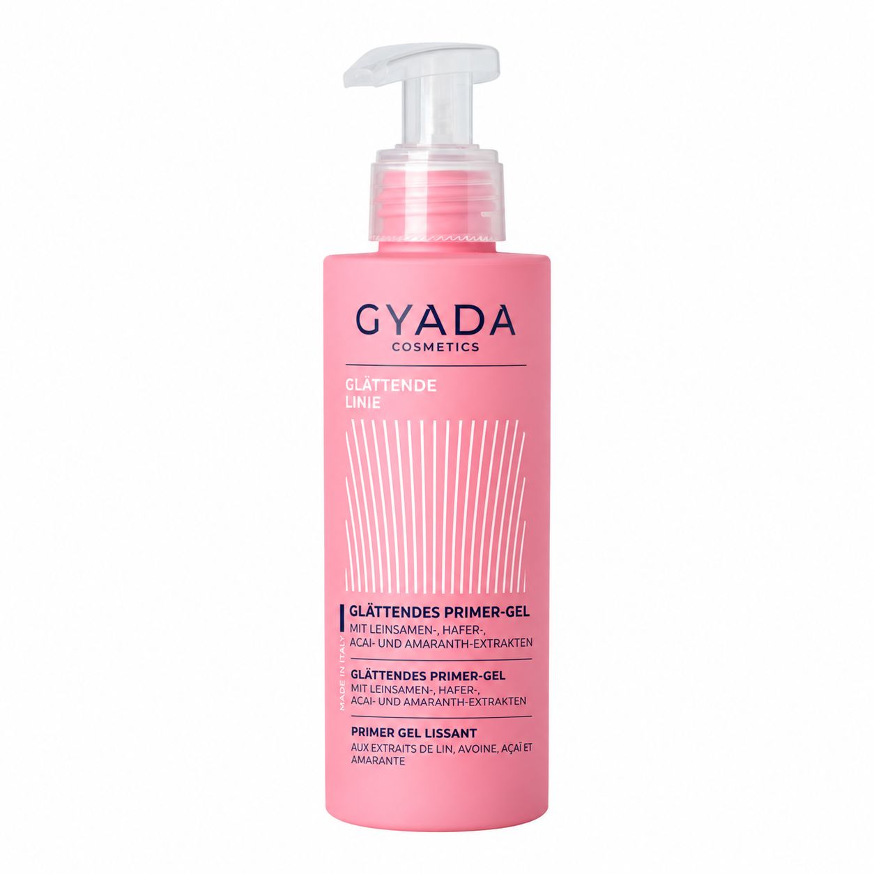 Eine rosa Flasche mit Pumpspender, die als glättendes Primer-Gel mit Linsen-, Hafer-, Acai- und Amaranth-Extrakten gekennzeichnet ist.