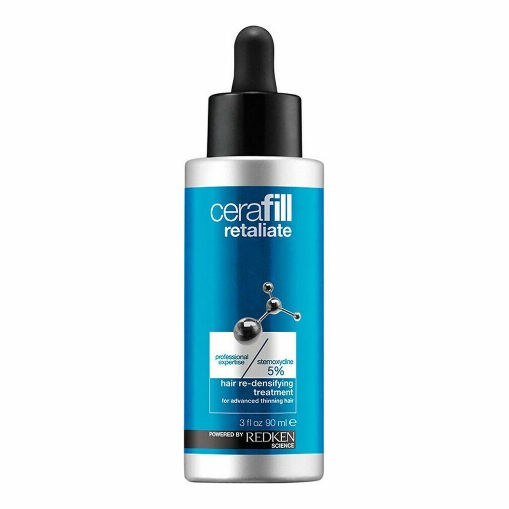 Blau-silberne Flasche mit schwarzem Deckel und Pipette. Aufschrift: Cerafill Retaliate, 5% Stemoxydine, Redken.