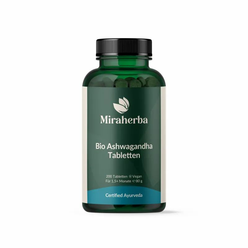 Grüne Glasflasche mit schwarzen Deckel. Aufschrift: Miraherba Bio Ashwagandha Tabletten. 200 Tabletten, vegan, Certified Ayurveda.