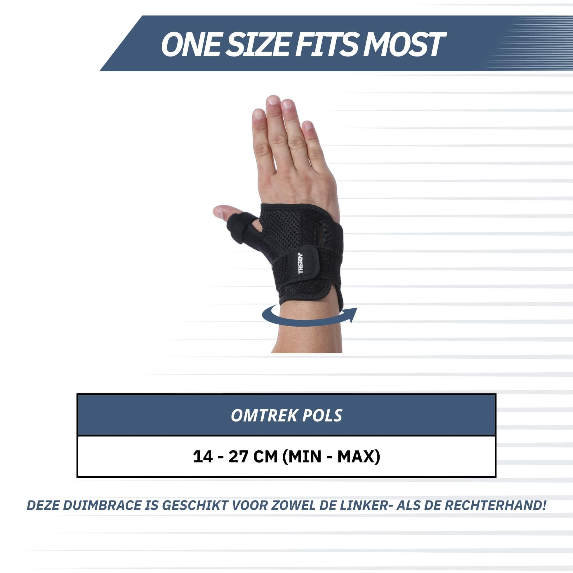 Hand mit schwarzer Daumen-Handgelenk-Schiene. Text: 'One Size Fits Most'. Handgelenkumfang 14-27 cm.