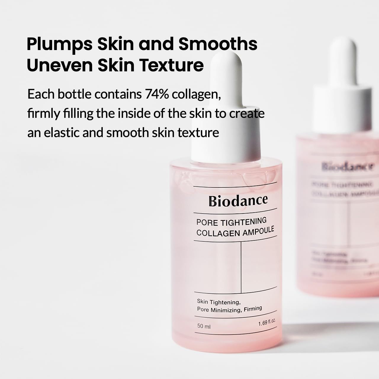 Rosa Flasche mit weißem Deckel. Aufschrift: Biodance PORE TIGHTENING COLLAGEN AMPOULE. Text.