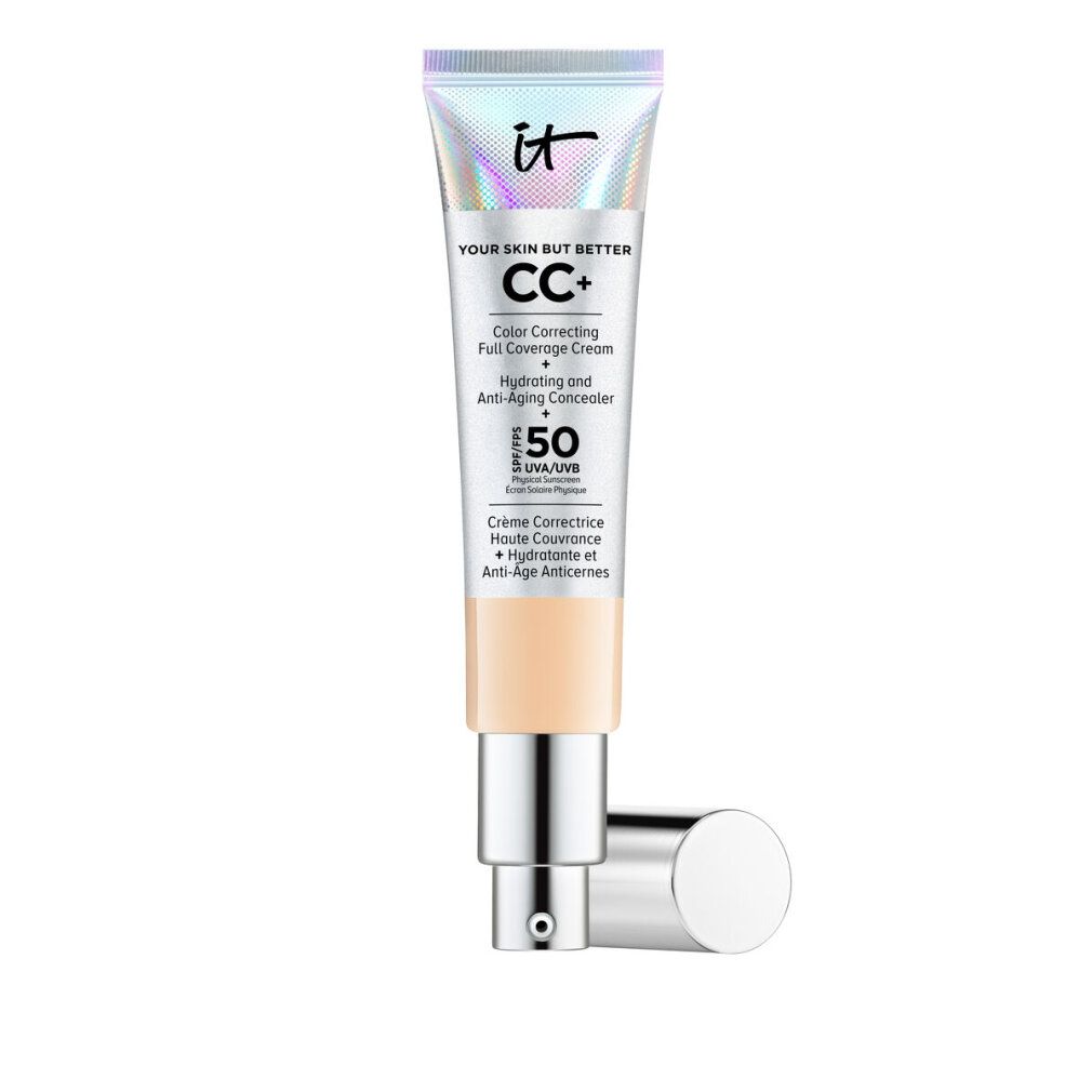It Cosmetics CC+ Creme mit SPF 50. Silberne Tube mit Pumpe. Text: Your Skin But Better, Color Correcting Full Coverage Cream.