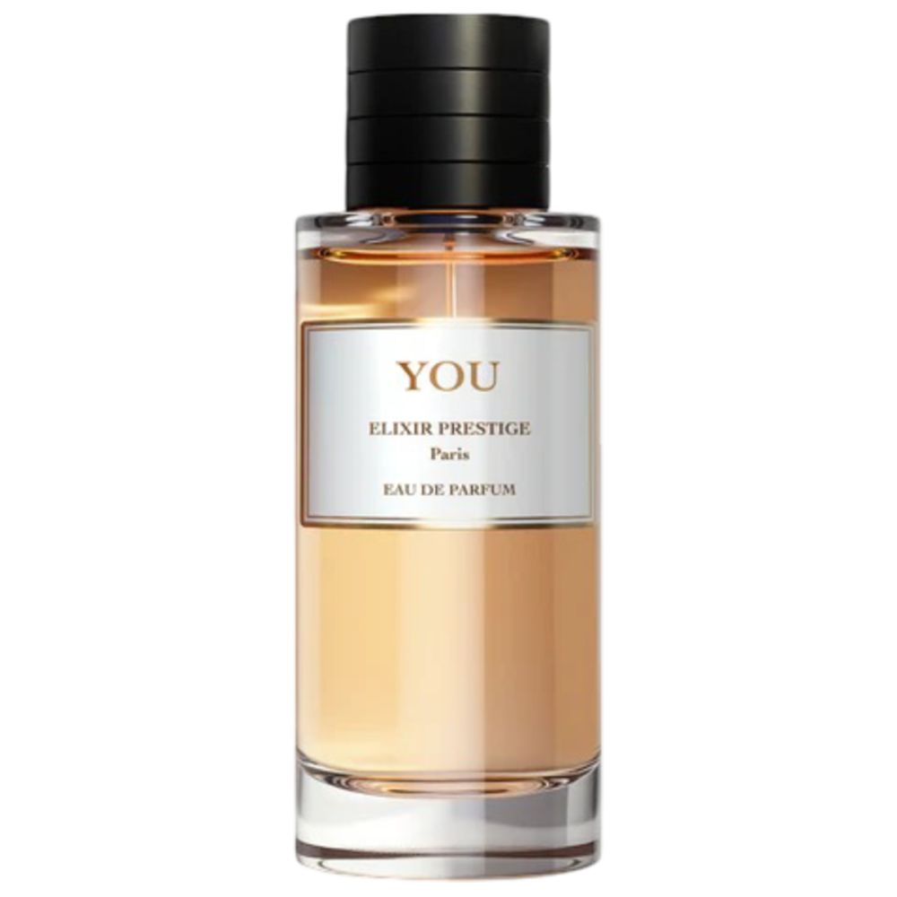 Parfümflakon mit schwarzem Deckel. Weißes Etikett mit "YOU" und "ELIXIR PRESTIGE Paris Eau de Parfum".
