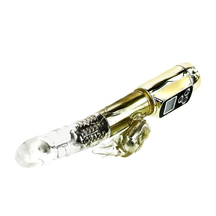 Goldfarbener Vibrator mit transparentem Kopf und Hasenohren. Bedienfeld und Display.