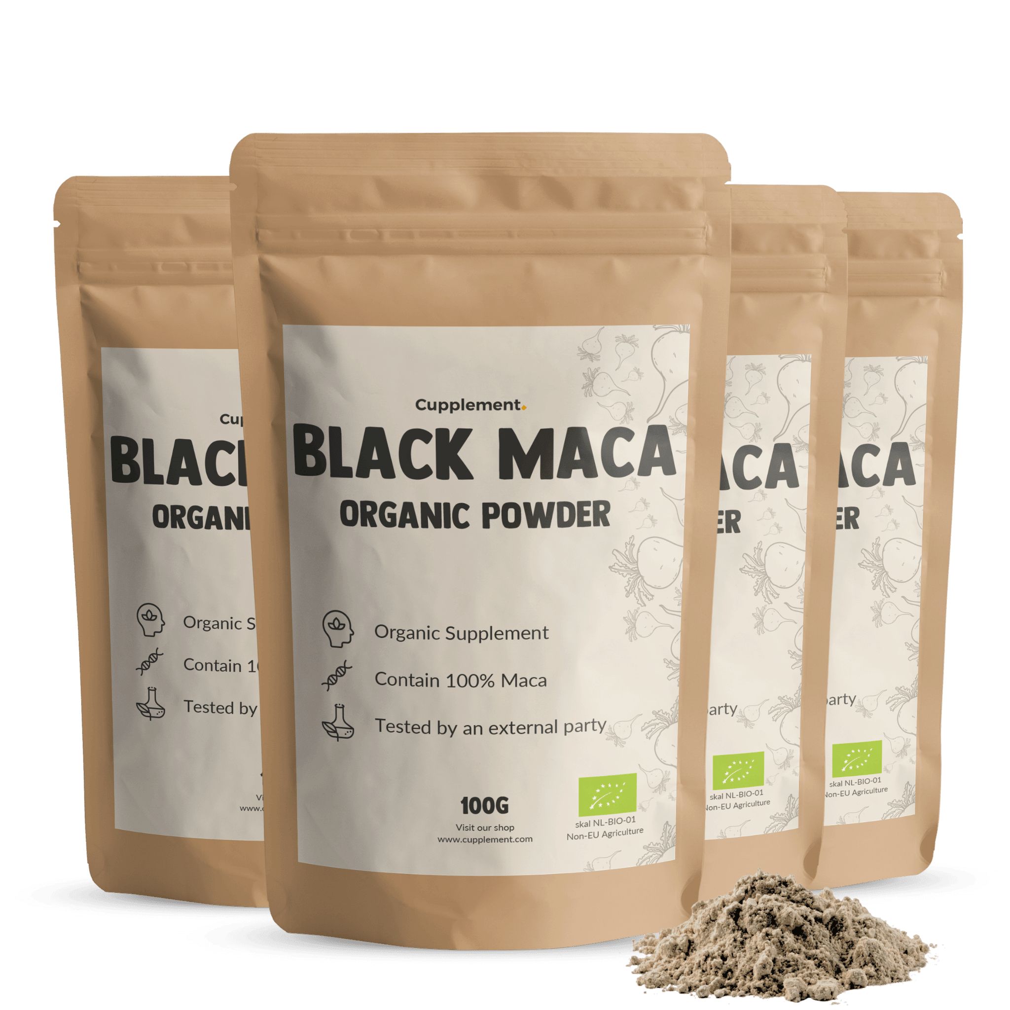 Vier Beutel Cupplement® Schwarzes Maca Pulver Bio. Braune Beutel mit weißem Etikett. Pulverhaufen unten.