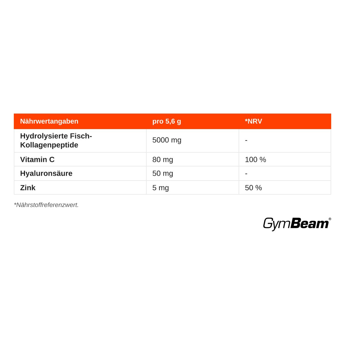 Nährwertangaben für GymBeam Marine Collg+: Hydrolysierte Fisch-Kollagenpeptide, Vitamin C, Hyaluronsäure, Zink. GymBeam Logo.