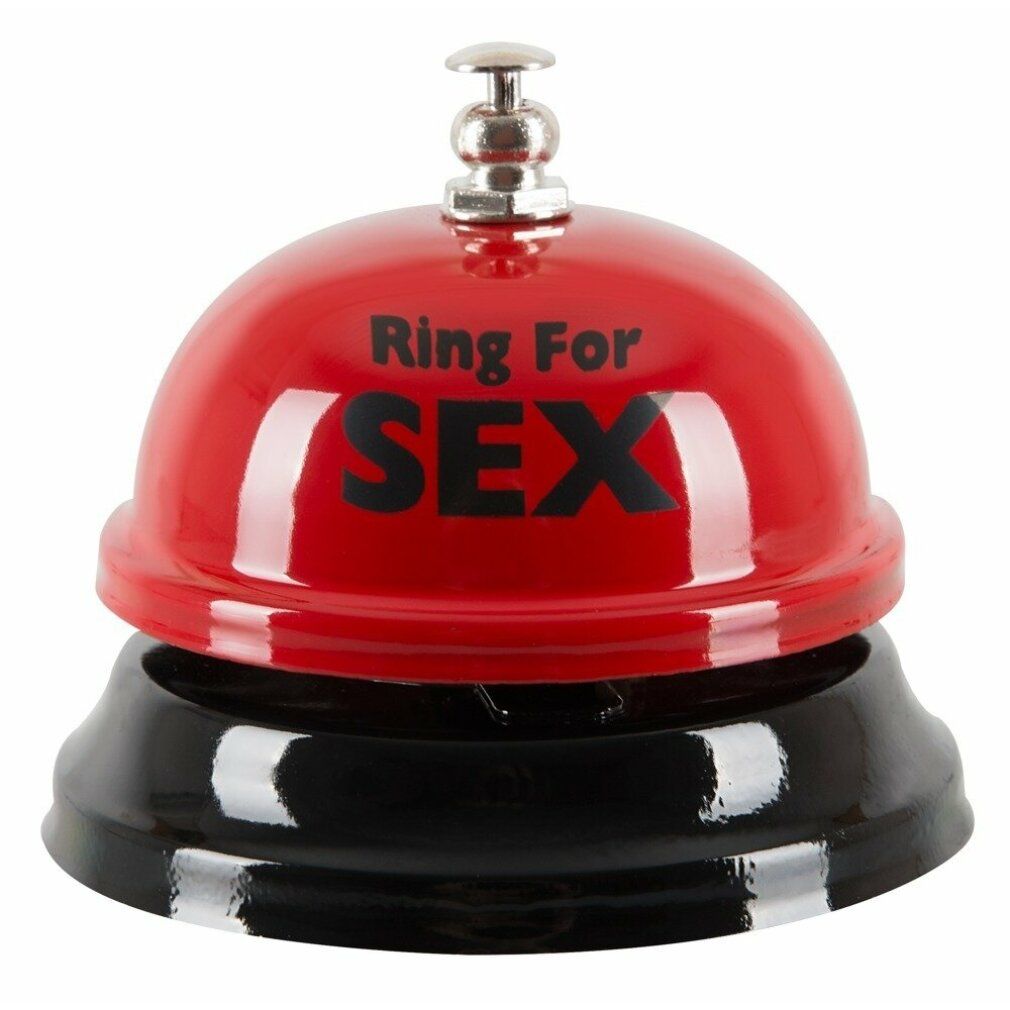 Rote Tischglocke mit schwarzem Sockel. Aufschrift "Ring For SEX" in Schwarz.