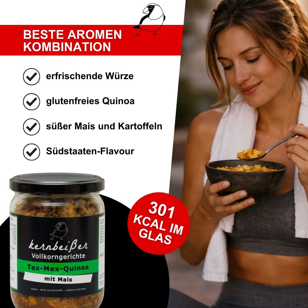 Frau isst aus Schale. Glas mit Kernbeißer Tex-Mex-Quinoa mit Mais. Text: 301 kcal im Glas, glutenfrei, vegan.