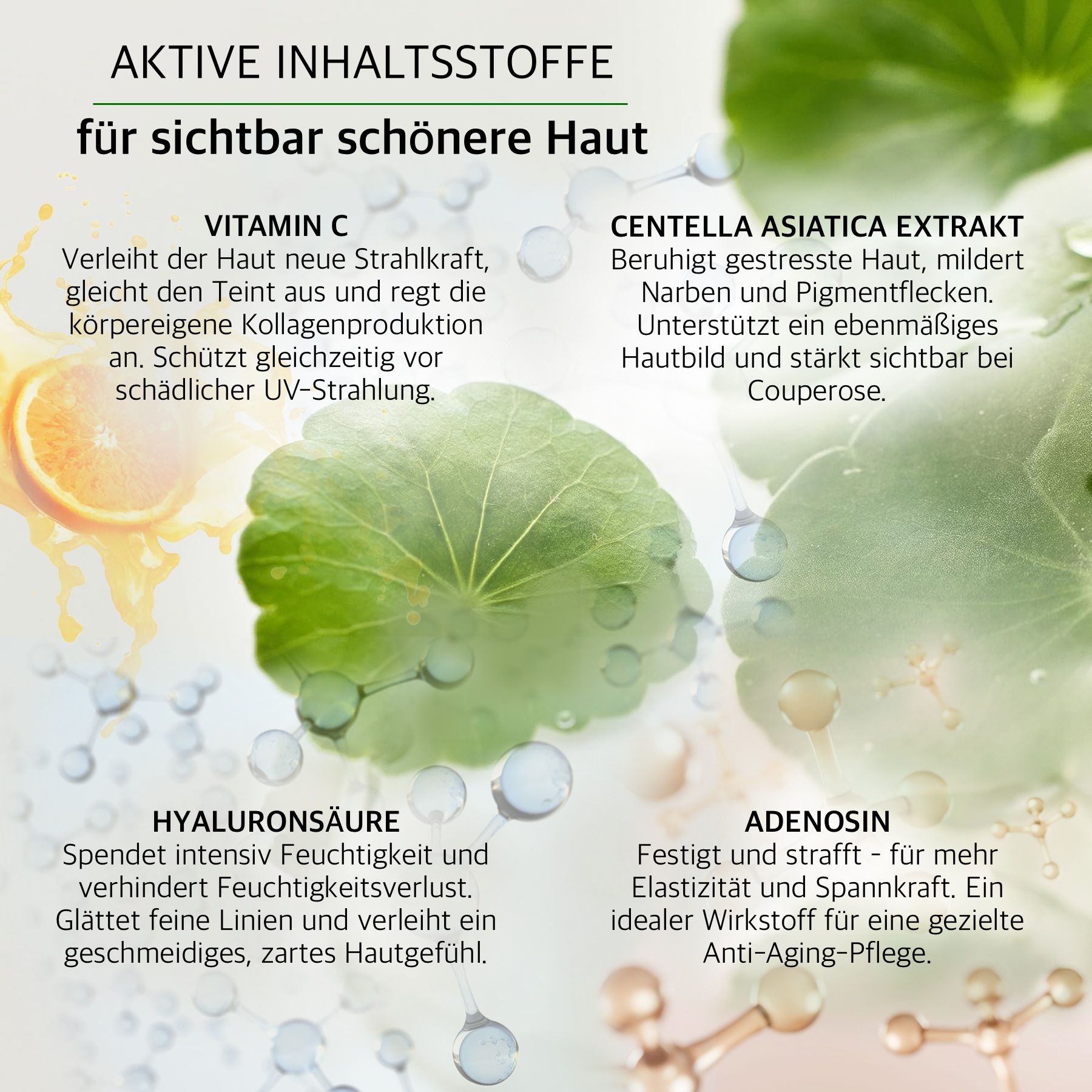 Grafik mit Inhaltsstoffen. Vitamin C, Centella Asiatica, Hyaluronsäure, Adenosin. Text über die Vorteile.