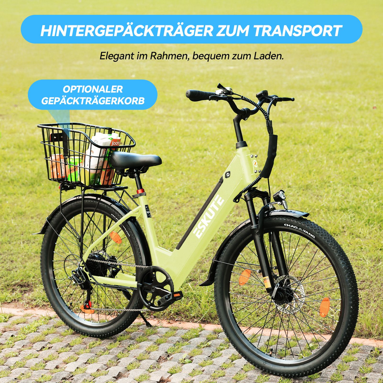 Hellgrünes Elektro-Citybike mit Gepäckträgerkorb. Schwarze Reifen, Schutzbleche und Lenker. ESKUTE-Logo am Rahmen. Hintergrund: grünes Gras.