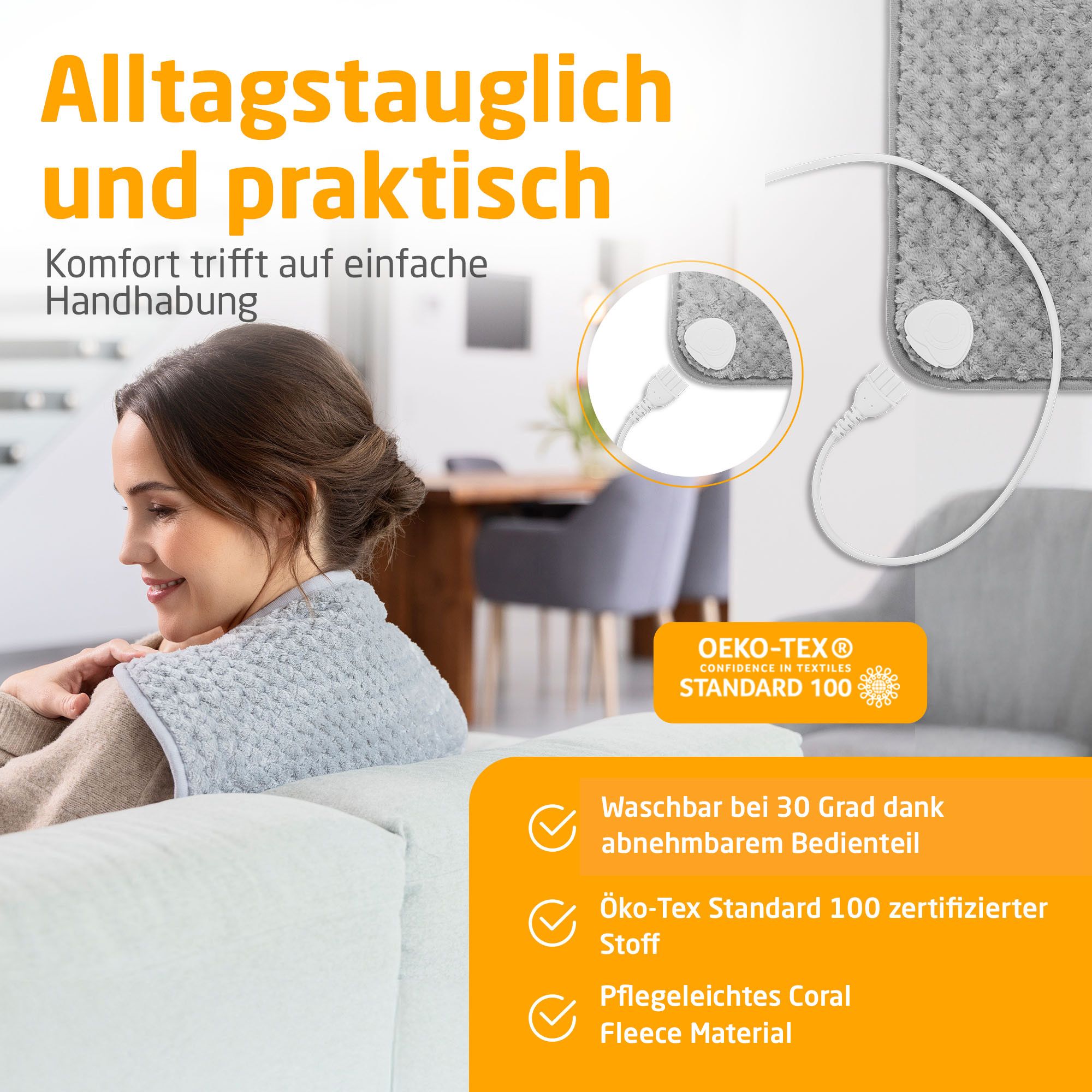 Hellgraues Heizkissen. Abnehmbares Bedienteil, waschbar bei 30 Grad. Öko-Tex Standard 100 zertifiziert. Pflegeleichtes Coral Fleece.