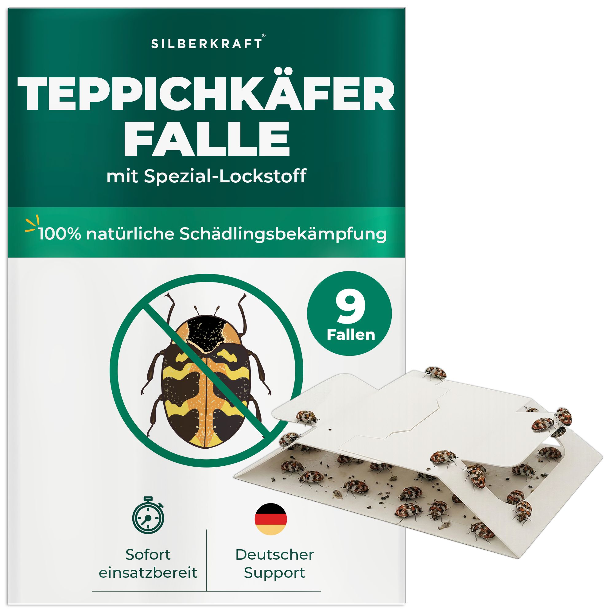 Verpackung der Falle. Text: SILBERKRAFT Teppichkäfer Falle mit Spezial-Lockstoff. 9 Fallen. Sofort einsatzbereit. Deutscher Support. Käfer-Symbol.
