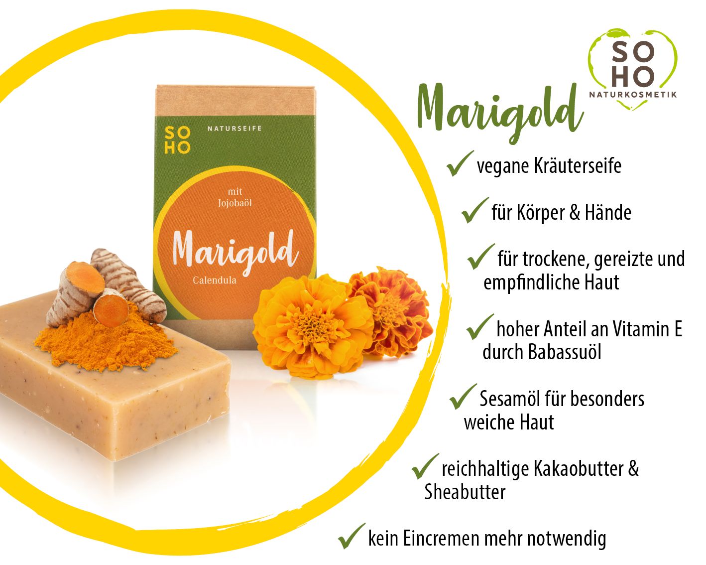Seife mit Kurkuma und Ringelblumen. Verpackung mit "Marigold" Schriftzug. Text mit Eigenschaften: vegan, für Körper & Hände, für trockene Haut, etc.