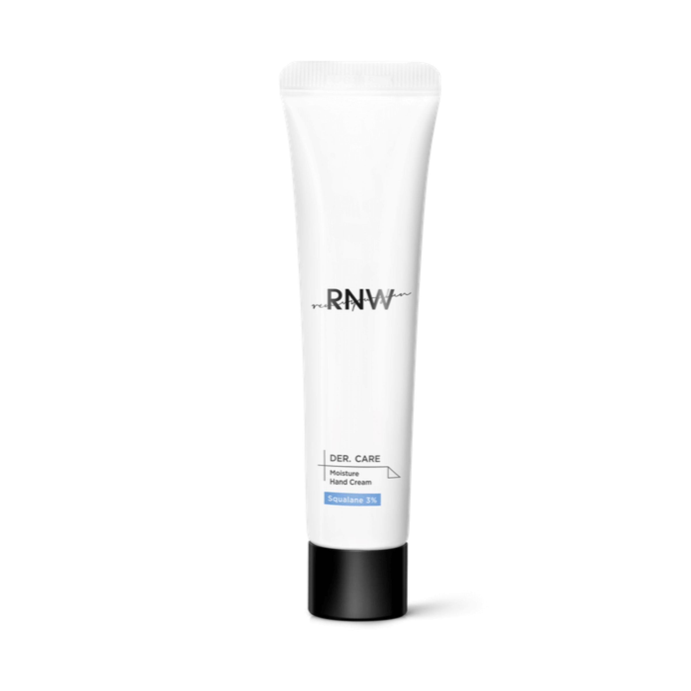 Weiße Tube mit schwarzem Deckel. Aufschrift: RNW, DER CARE, Moisture Hand Cream, Equilube 5%.