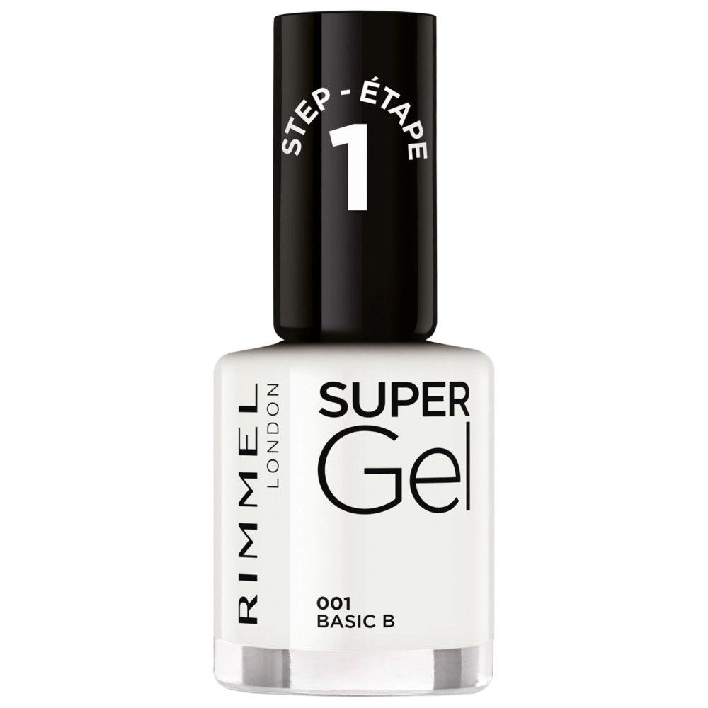 Nagellackflasche mit weißem Inhalt. Schwarzer Deckel mit 'STEP 1'. 'SUPER Gel' und 'RIMMEL LONDON' Schriftzug.