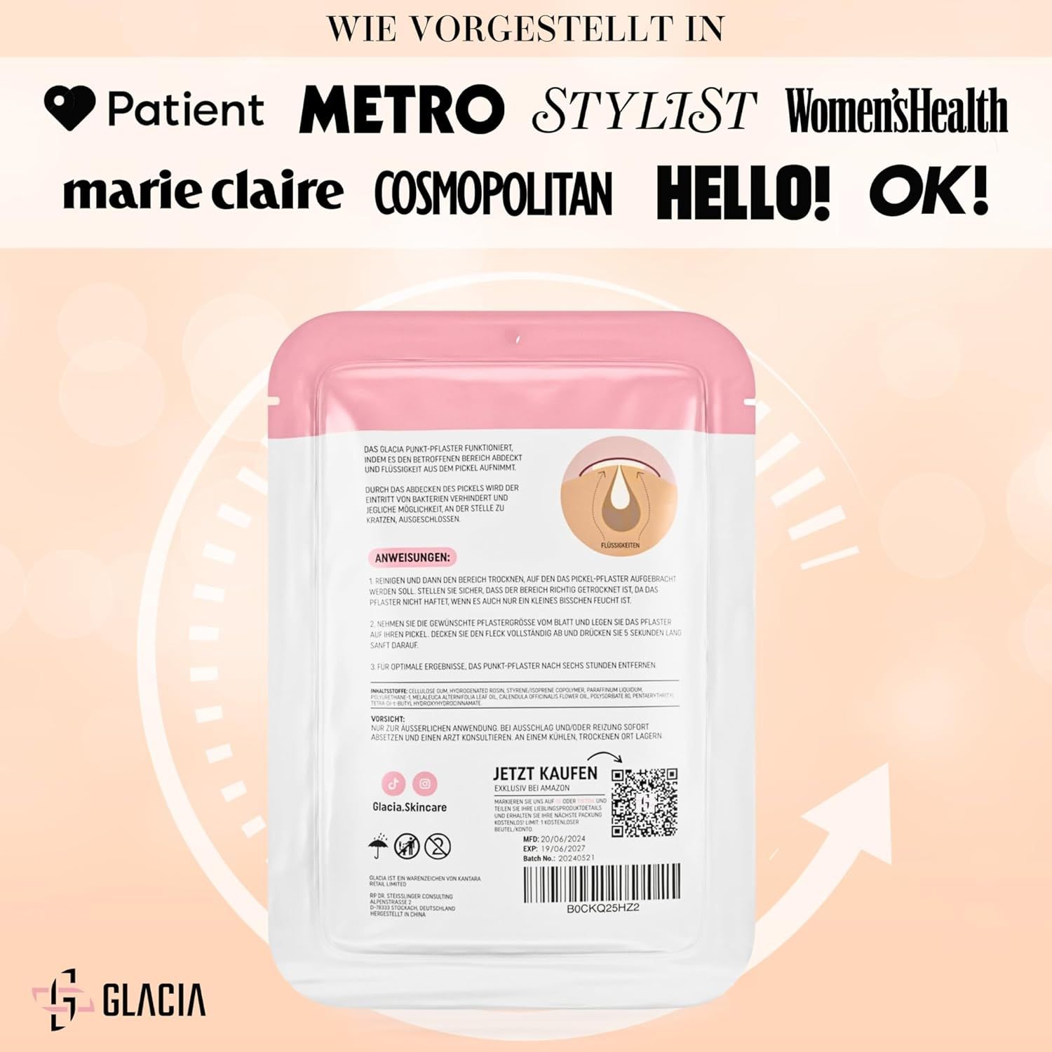 Rückseite einer Glacia Anti Pickel Patches Packung. Enthält Anweisungen und Informationen. Erwähnung von Zeitschriften wie Patient, Metro, Stylist.