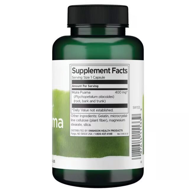 Rückseite einer grünen Flasche. Weißes Etikett mit Nährwertangaben. Enthält Muira Puama 400 mg. Zutatenliste.
