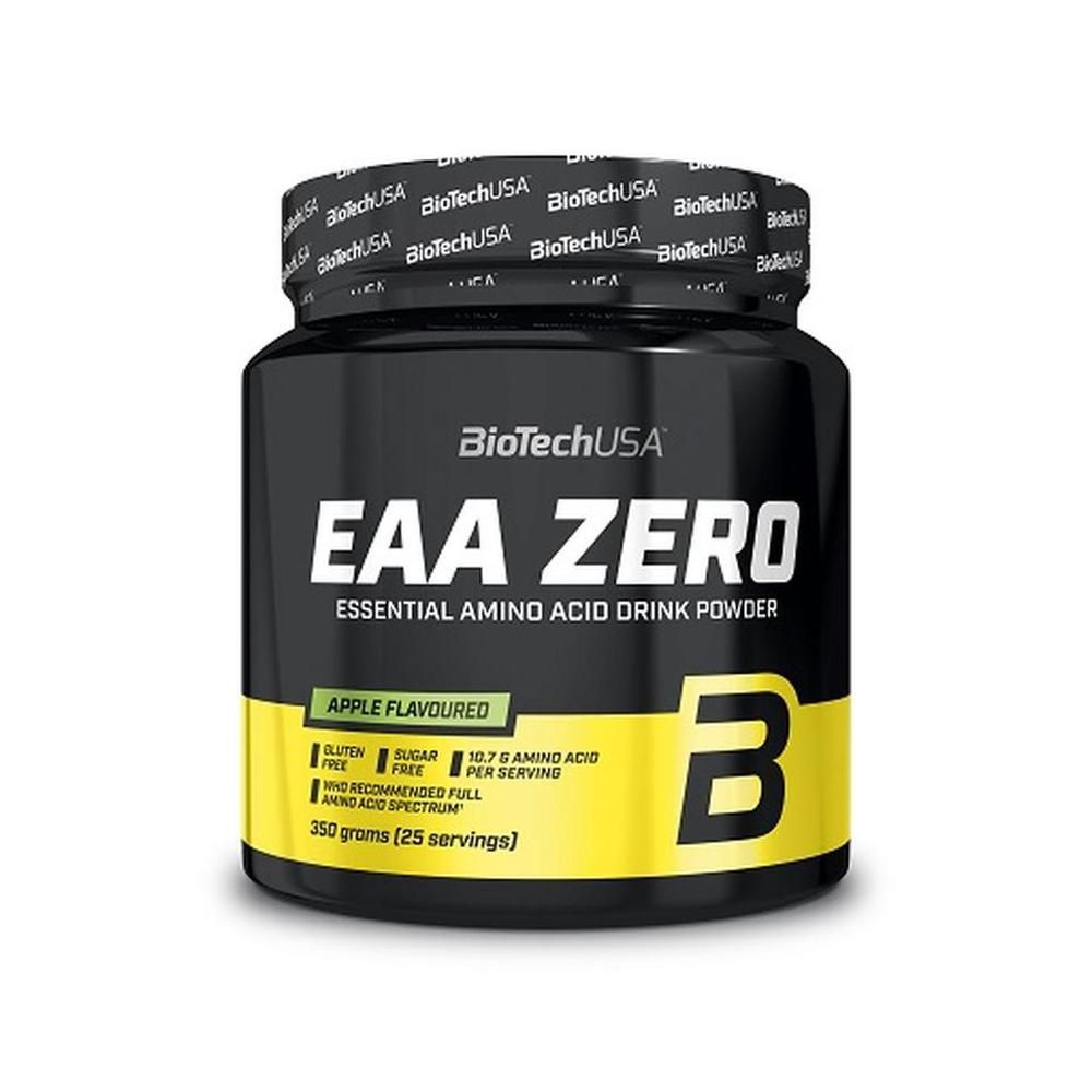 Schwarzes Dose mit gelbem Etikett. Aufschrift: EAA ZERO, Apfelgeschmack. Enthält 350 Gramm.