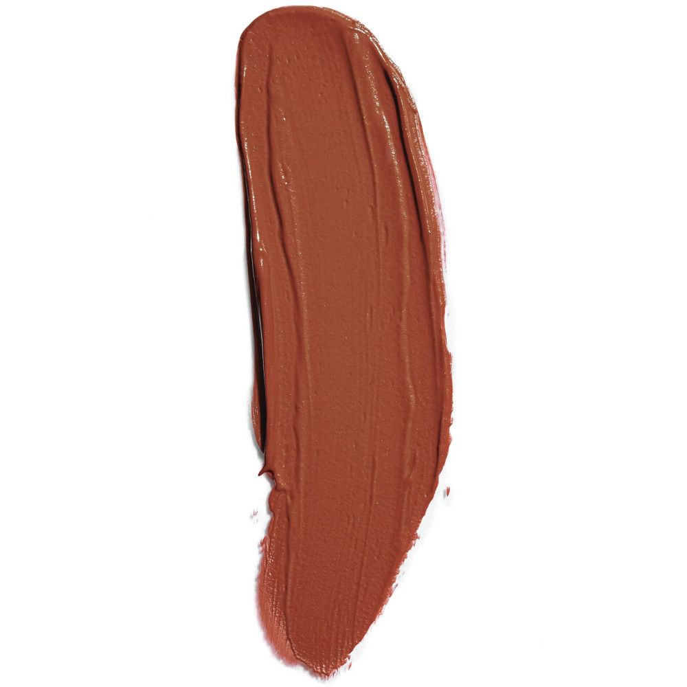 Ausstrich eines matten Lipglosses. Farbton: Braun-Rot. Auf weißem Hintergrund.