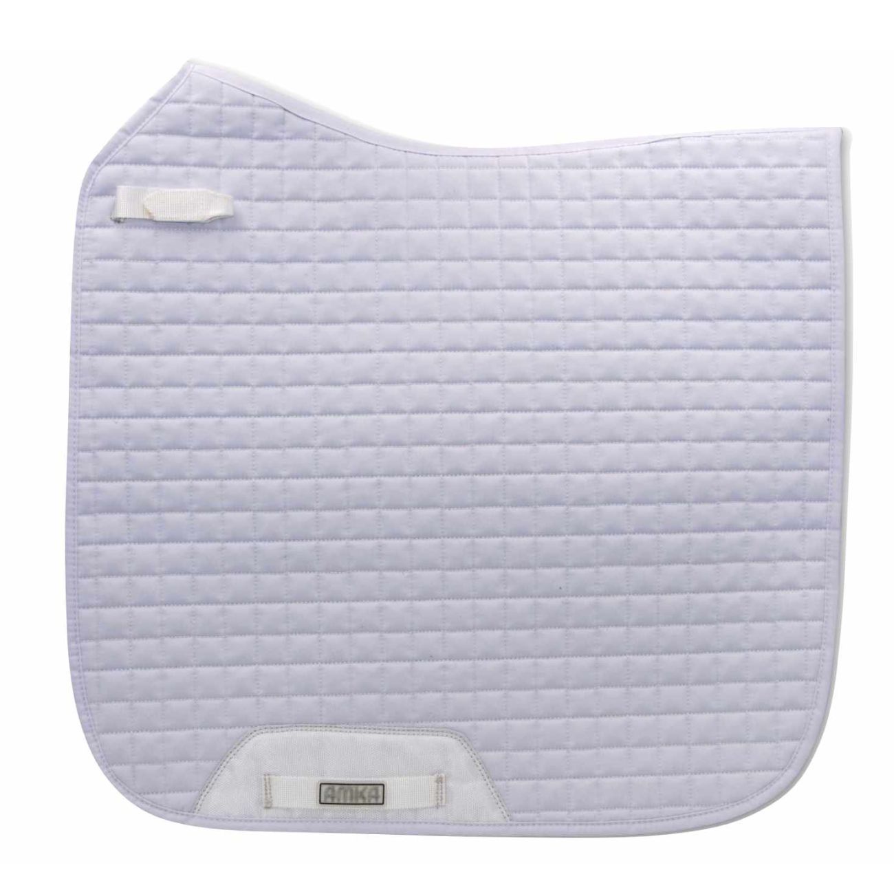 Helle Sattelunterlage mit quadratischer Steppung. Weiße Details und AMKA-Logo. Rechteckige Form.