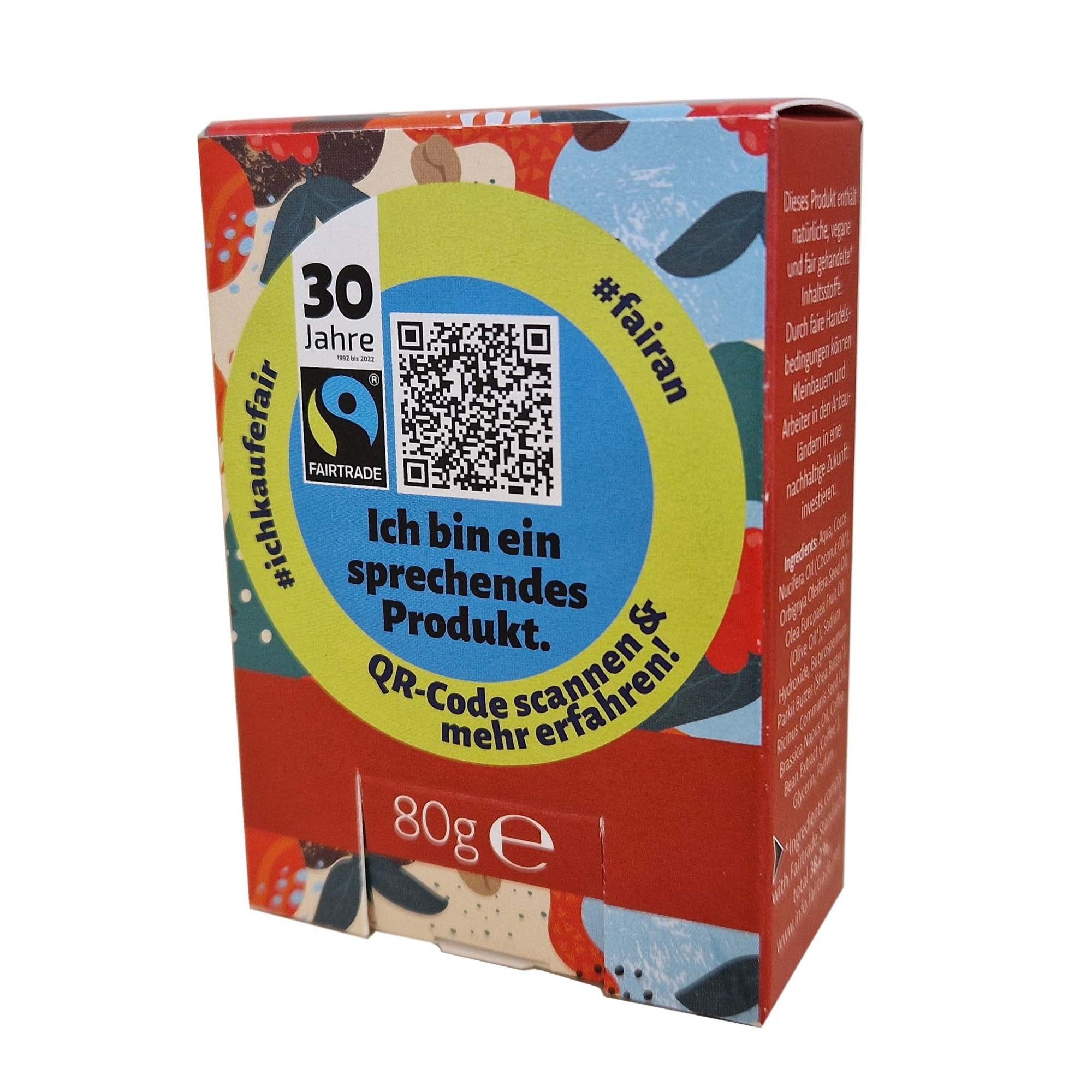 Verpackung mit FAIR SQUARED Logo, QR-Code, Text: Ich bin ein sprechendes Produkt. 30 Jahre Fairtrade.