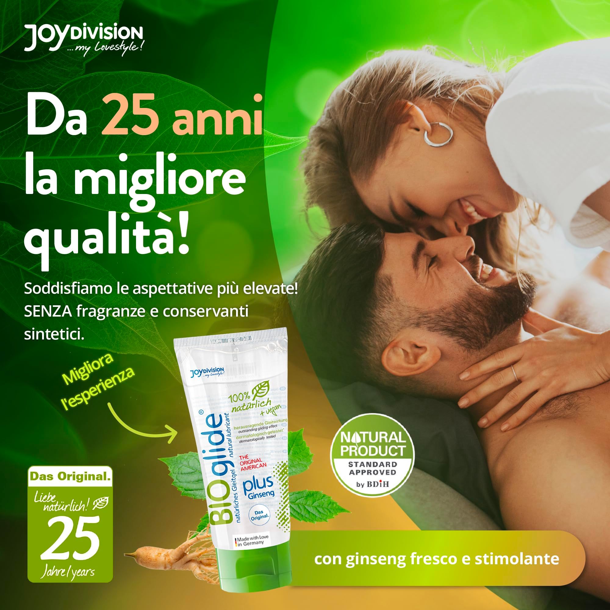 Paar umarmt sich. Im Vordergrund: Tube Joydivision BIOglide plus Ginseng Gleitgel. "Natural Product".
