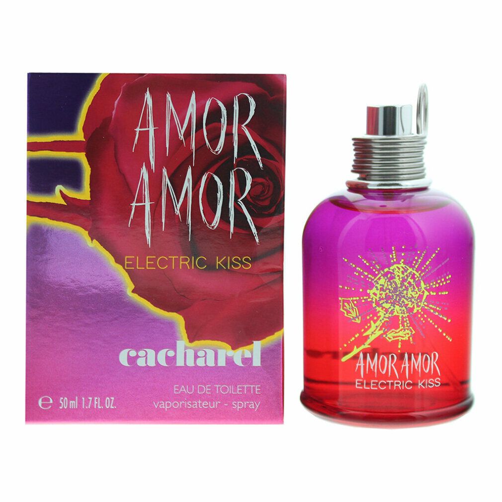 Cacharel Amor Amor Electric Kiss Eau de Toilette mit Verpackung. Flakon und Schachtel. Rote Rose, Schriftzug, Farbverlauf.